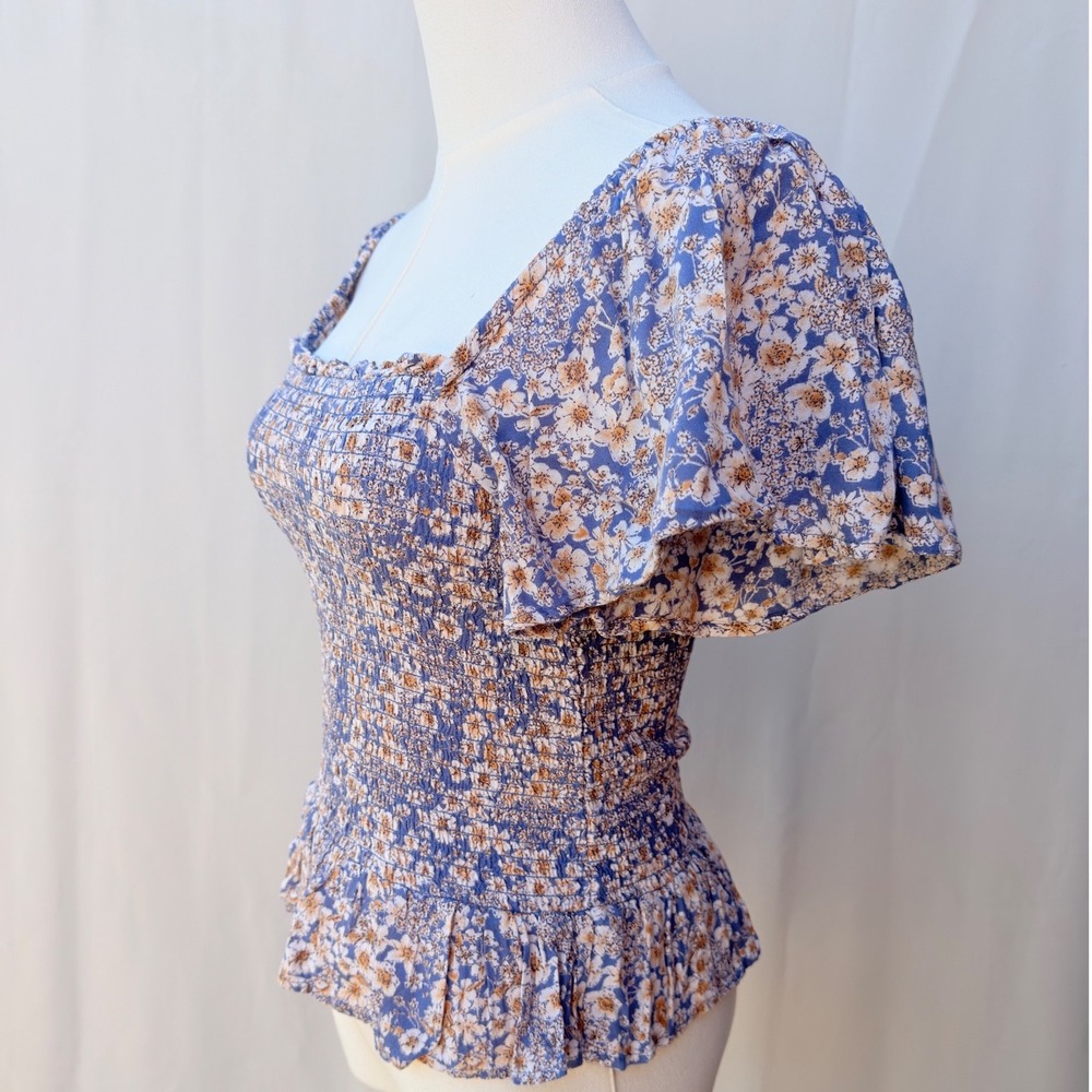 Blue Floral Milkmaid Smocked Peplum Top Cottagecore Fairycore - Picture 3 of 9